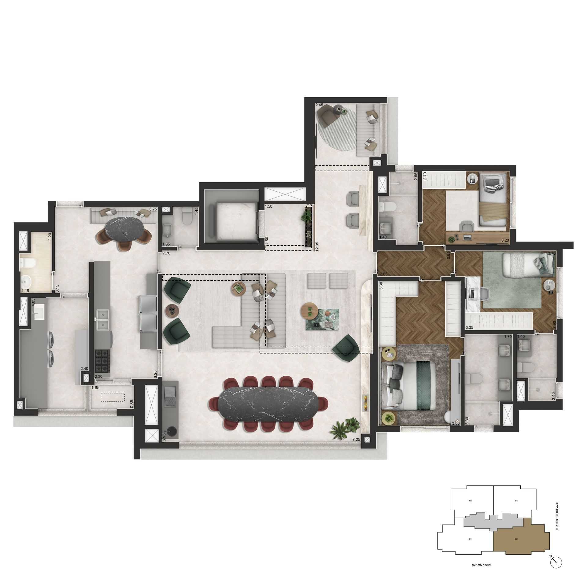 Planta - Brooklin Senses Cyrela: Apartamento 178m² - 3 Suítes, 2 Vagas à Venda no Brooklin, SP - Carlos Botelho Negócios Imobiliários