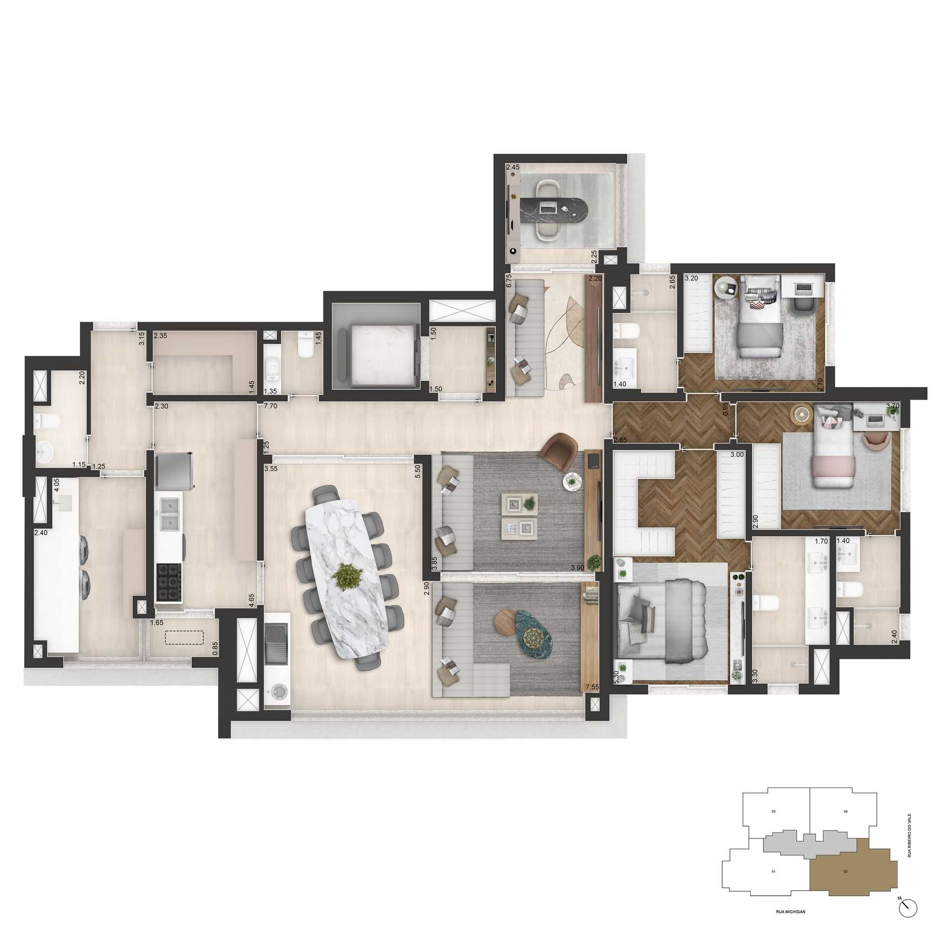 Planta - Brooklin Senses Cyrela: Apartamento 178m² - 3 Suítes, 2 Vagas à Venda no Brooklin, SP - Carlos Botelho Negócios Imobiliários