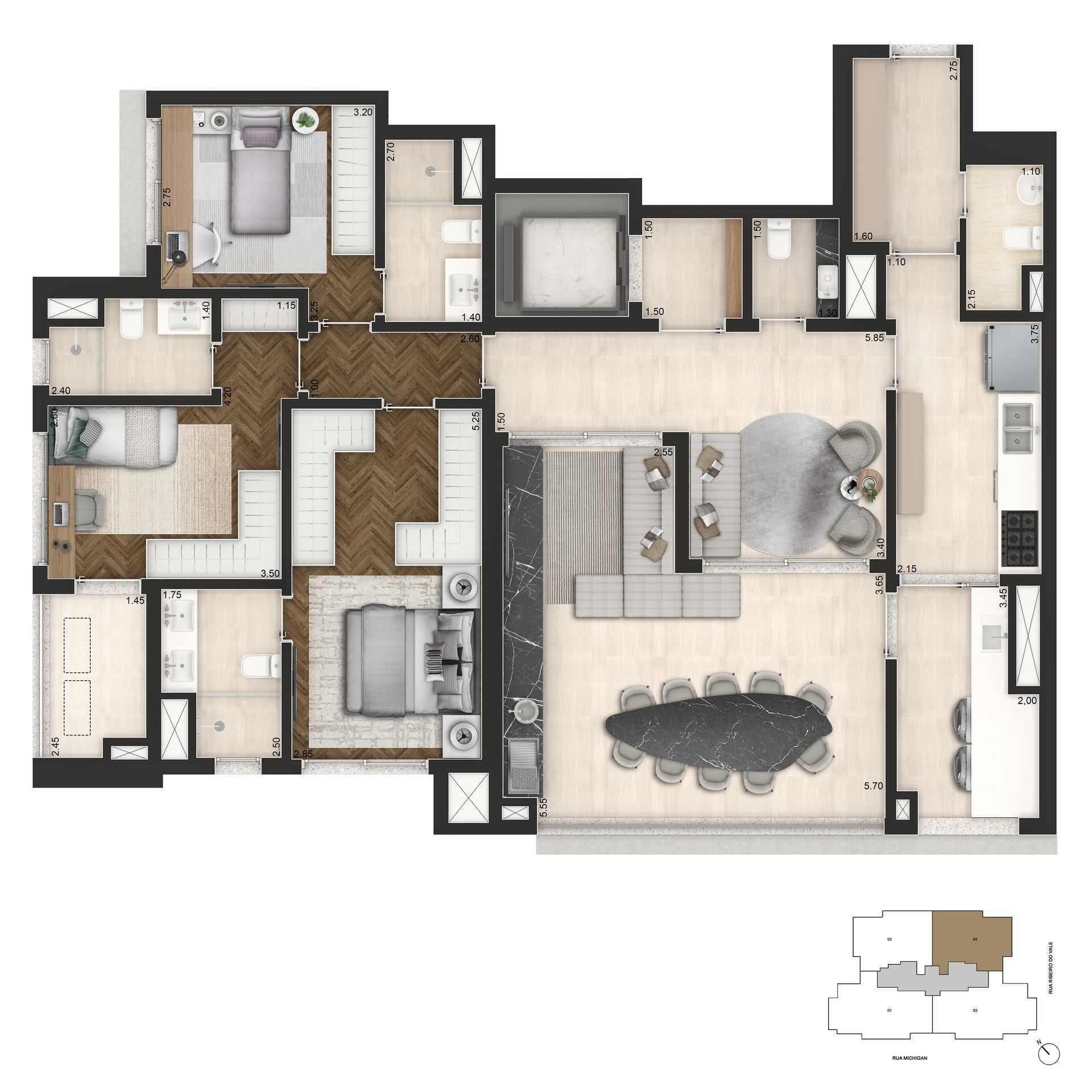 Planta - Brooklin Senses Cyrela: Apartamento 145m² - 3 Suítes, 2 Vagas à Venda no Brooklin, SP - Carlos Botelho Negócios Imobiliários
