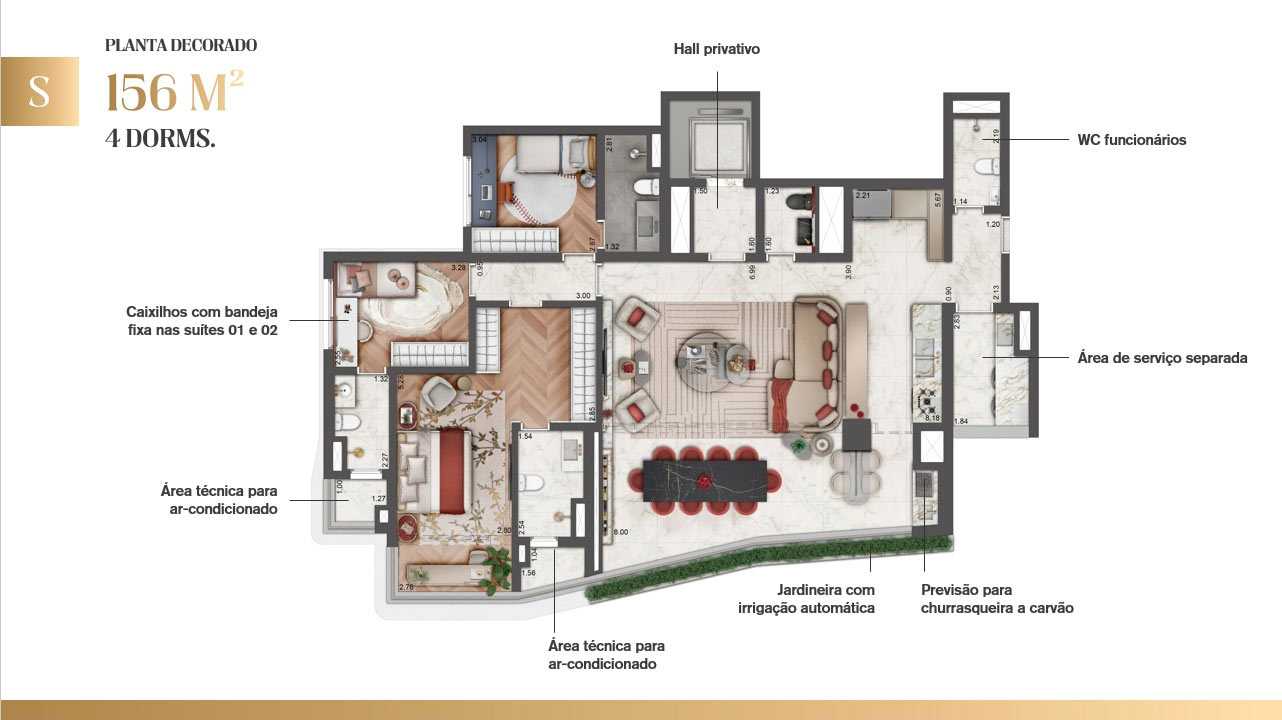 Planta - Le Six Residences Lavvi: Apartamentos de Luxo com 156 m2, 4 dormitórios, 2 suítes e 3 vagas à Venda no Paraíso em São Paulo-SP - Carlos Botelho Negócios Imobiliários