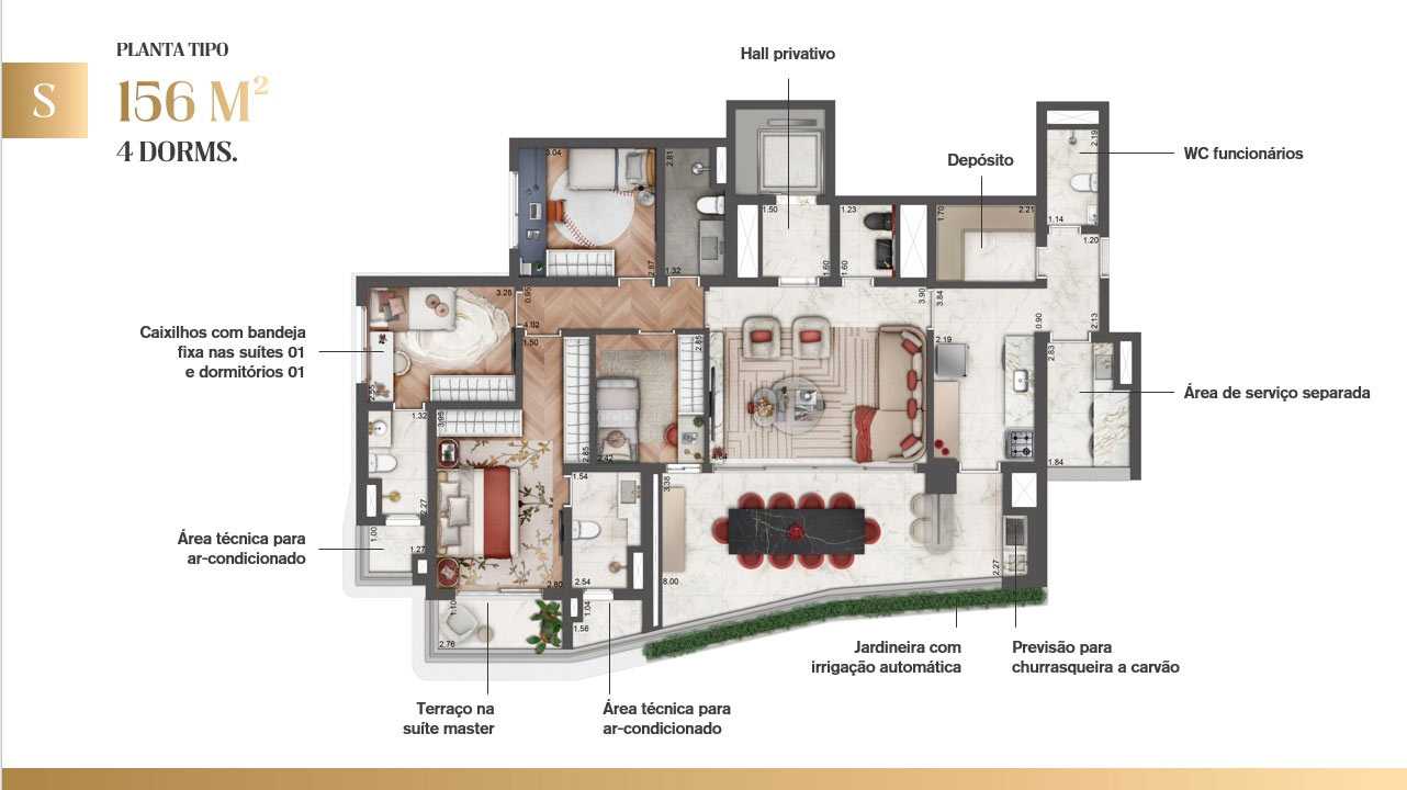 Planta - Le Six Residences Lavvi: Apartamentos de Luxo com 156 m2, 4 dormitórios, 2 suítes e 3 vagas à Venda no Paraíso em São Paulo-SP - Carlos Botelho Negócios Imobiliários