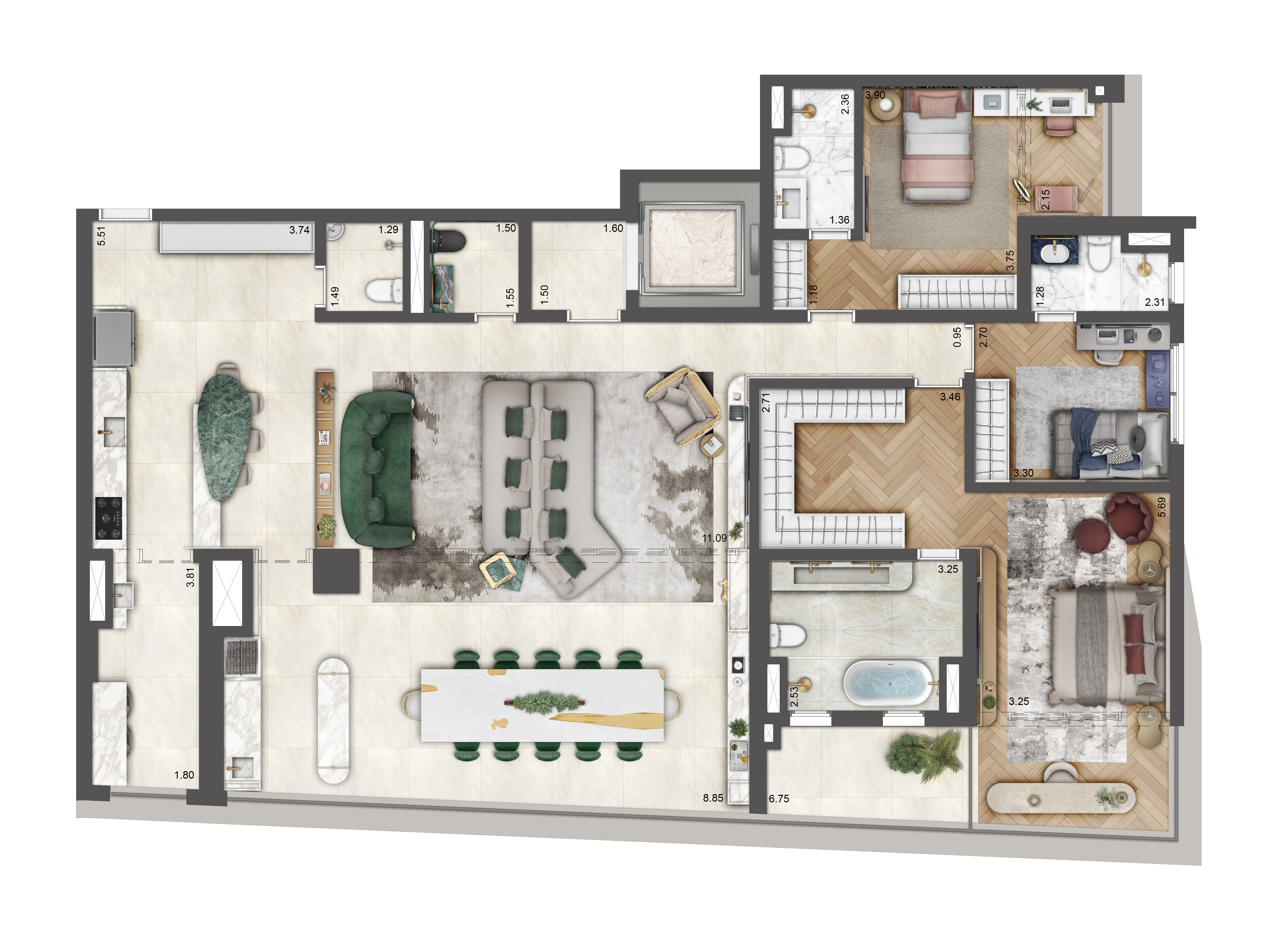 Planta - Apartamento de Luxo à Venda no Brooklin, São Paulo: 199m², 4 Suítes e 3 Vagas - Carlos Botelho Negócios Imobiliários