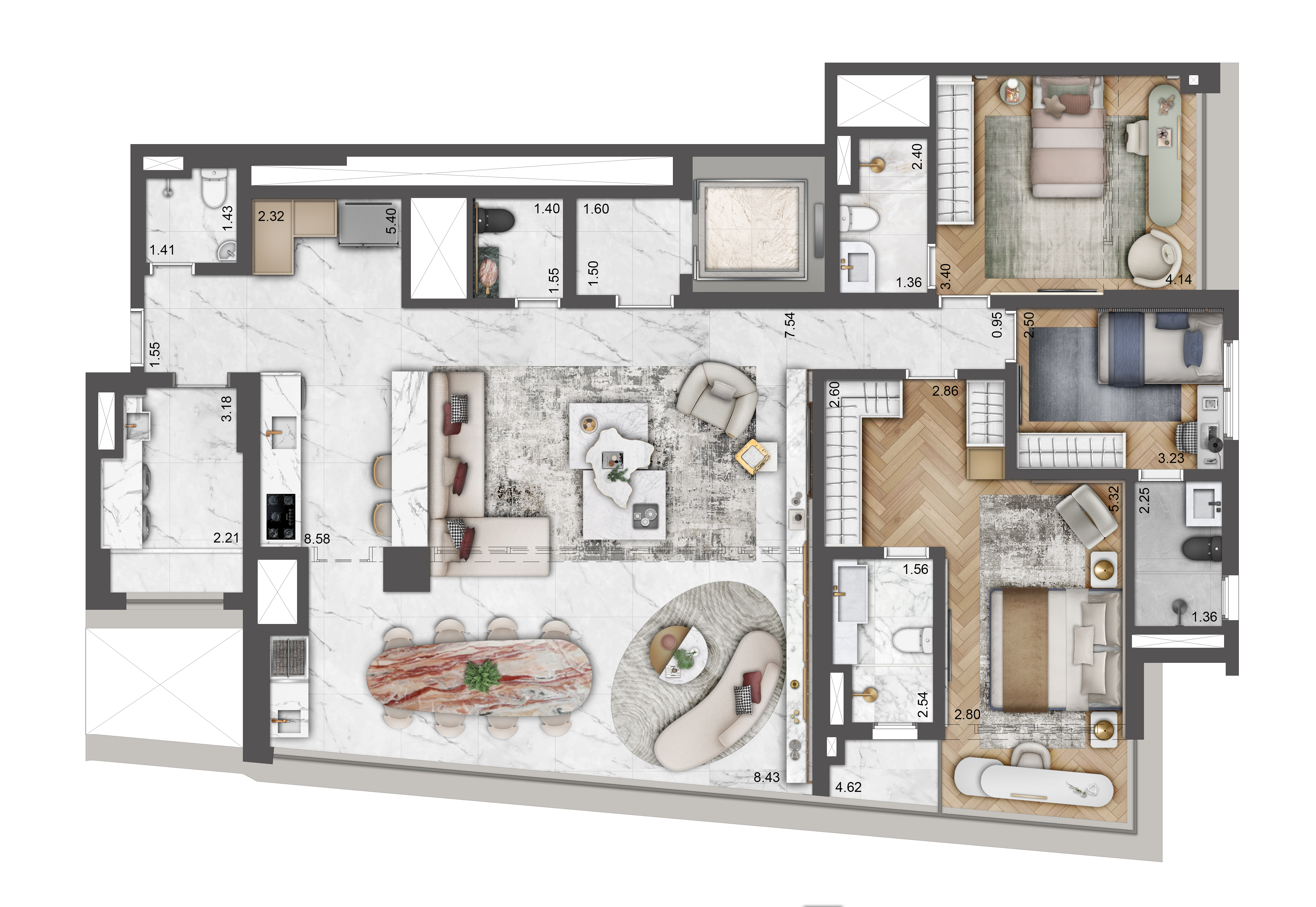Planta - Apartamento de Luxo à Venda no Brooklin: 162m², 4 Quartos, 2 Suítes e 2 Vagas - Carlos Botelho Negócios Imobiliários